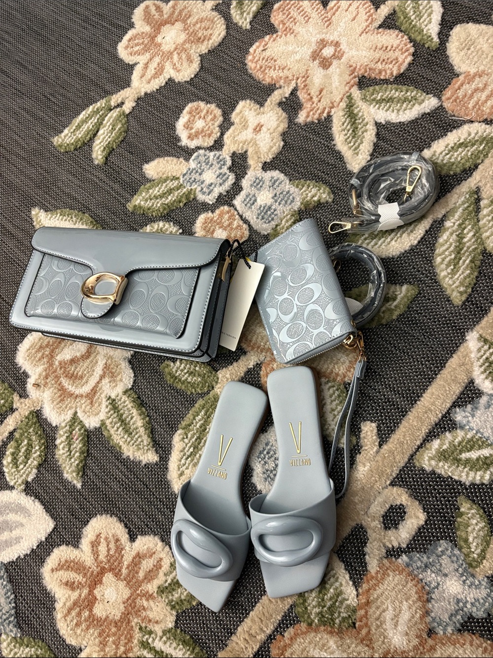 Light Blue Crossbody Bag, Wallet & Matching Slides Set